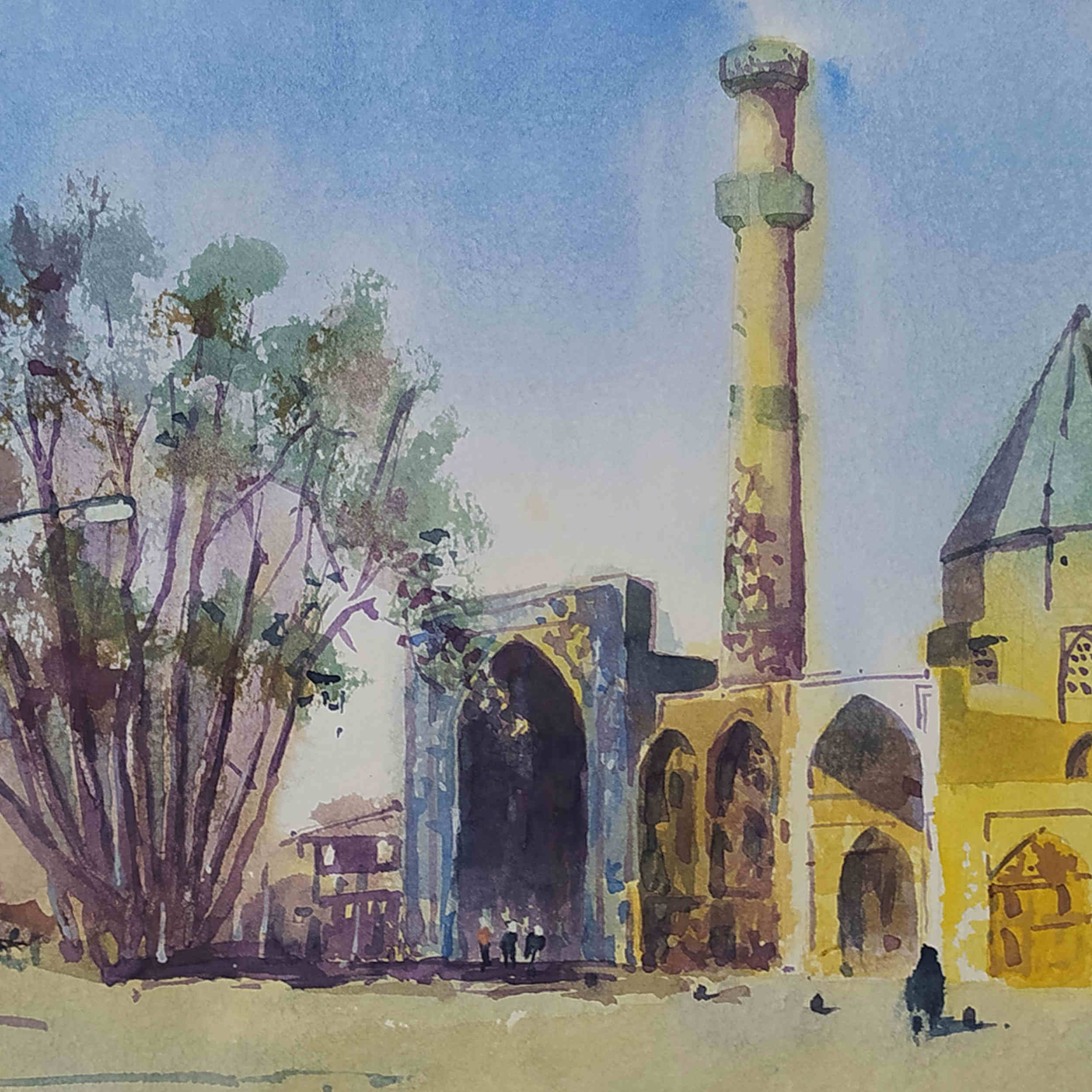 Peinture réaliste originale – Aquarelle sur carton, mosquée Jameh par Bijan Ghahramani