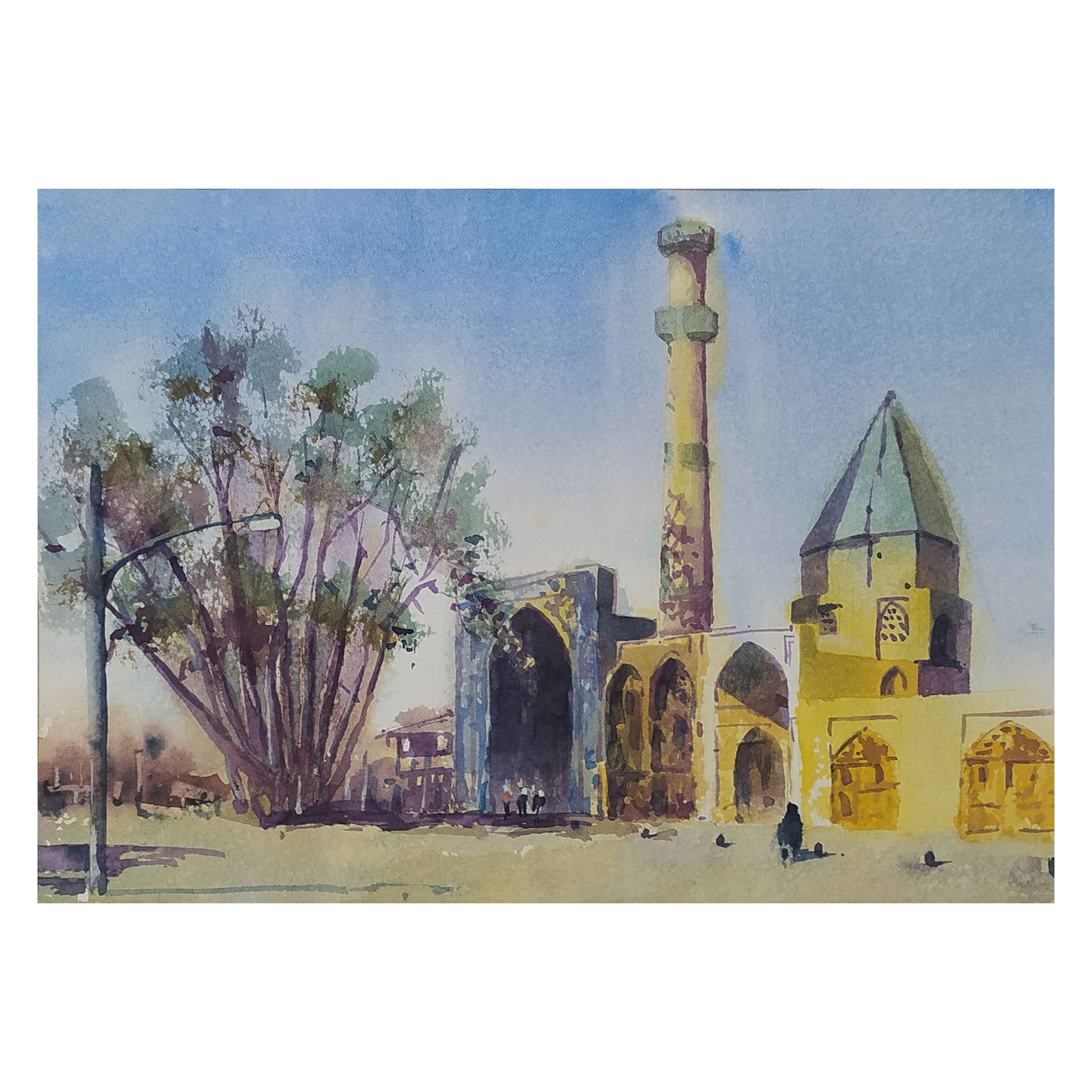 Peinture réaliste originale - Aquarelle sur carton, mosquée Jameh par Bijan Ghahramani