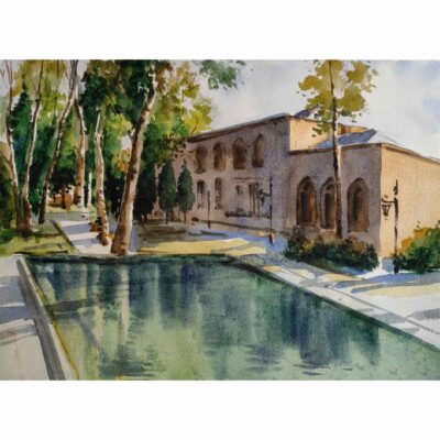 Peinture réaliste originale – Aquarelle sur carton, architecture persane