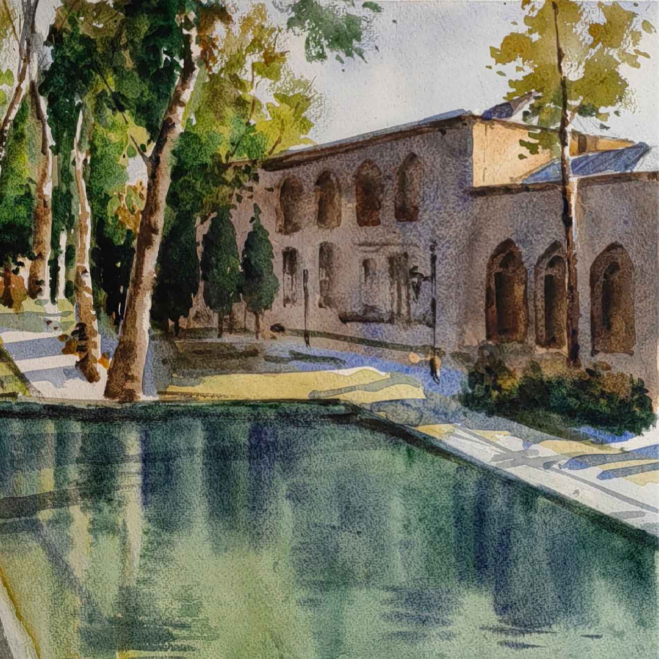 Peinture réaliste originale – Aquarelle sur carton, architecture persane