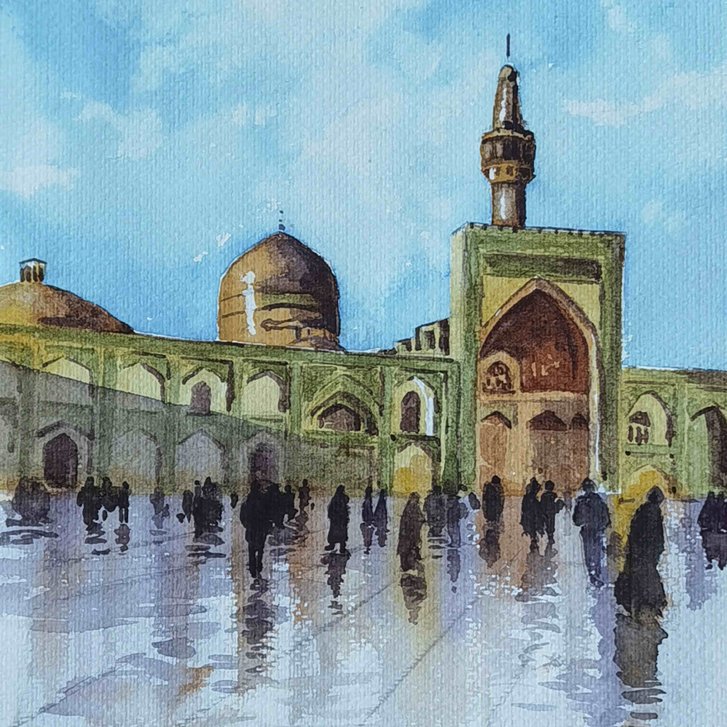 Peinture réaliste originale – Aquarelle sur carton, sanctuaire de l’Imam Reza