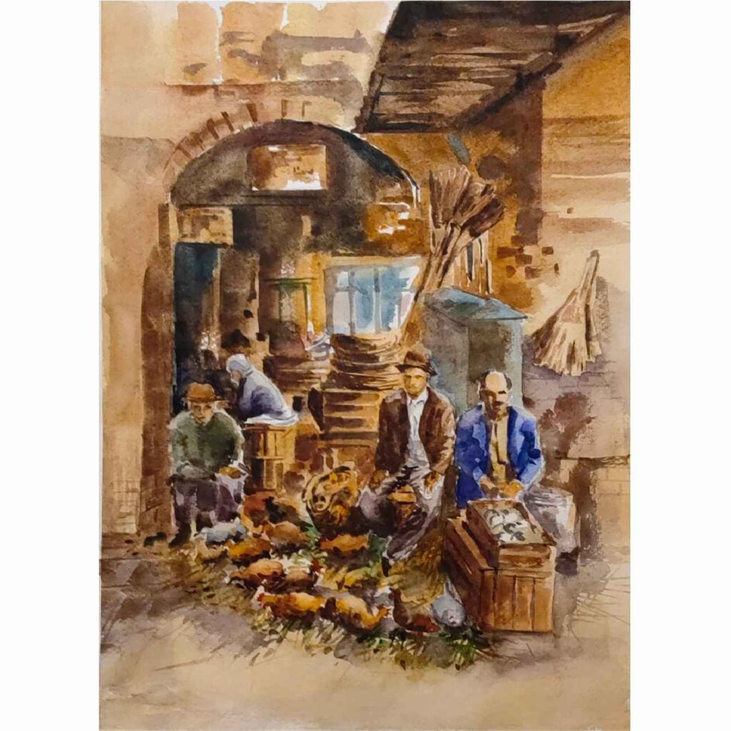 Peinture réaliste originale - Aquarelle sur carton, Grand Bazar de Rasht