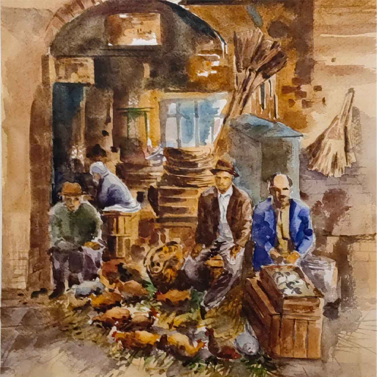 Peinture réaliste originale – Aquarelle sur carton, Grand Bazar de Rasht
