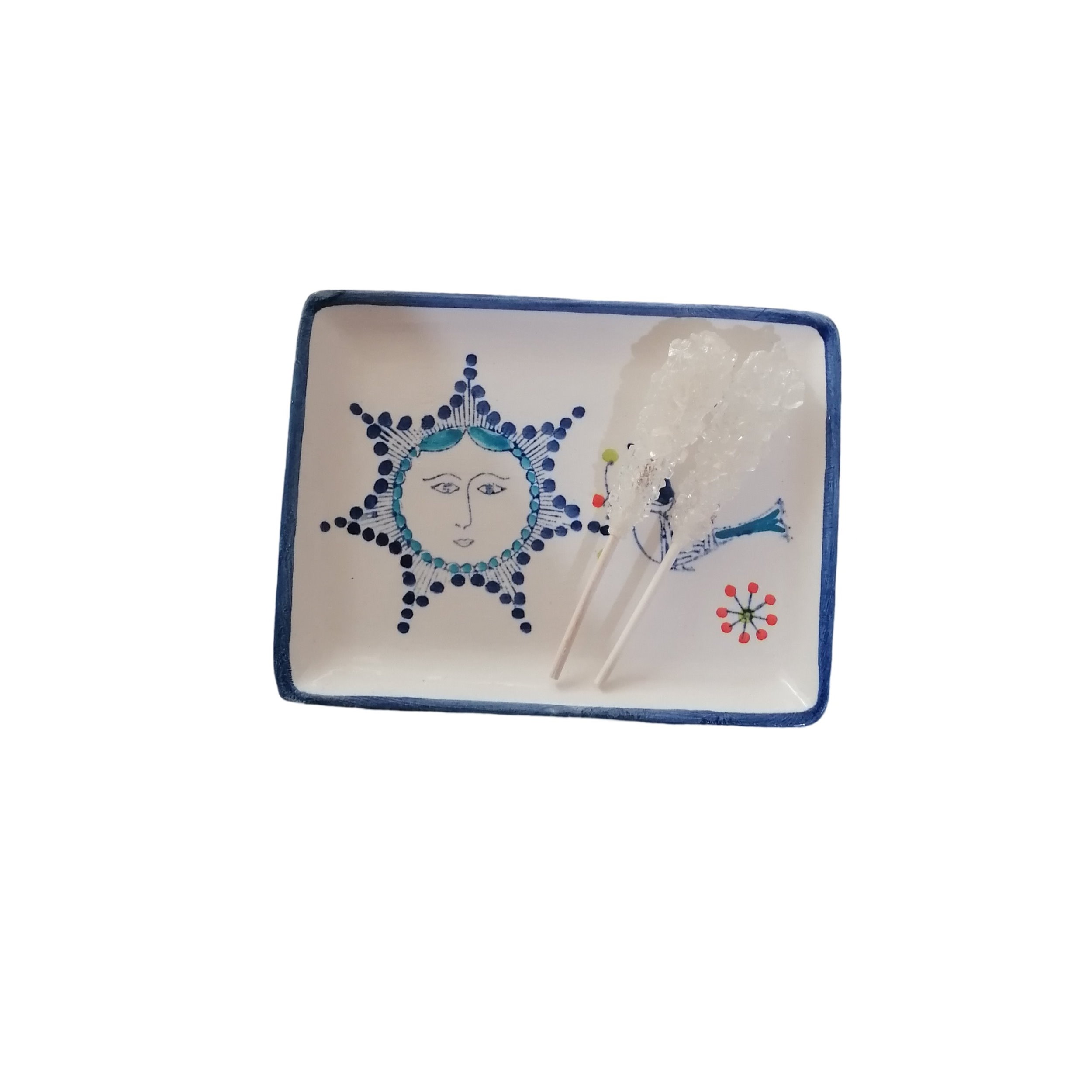 Plateau de Service en Céramique Artistique Peint à la Main avec Design Oiseau & Soleil