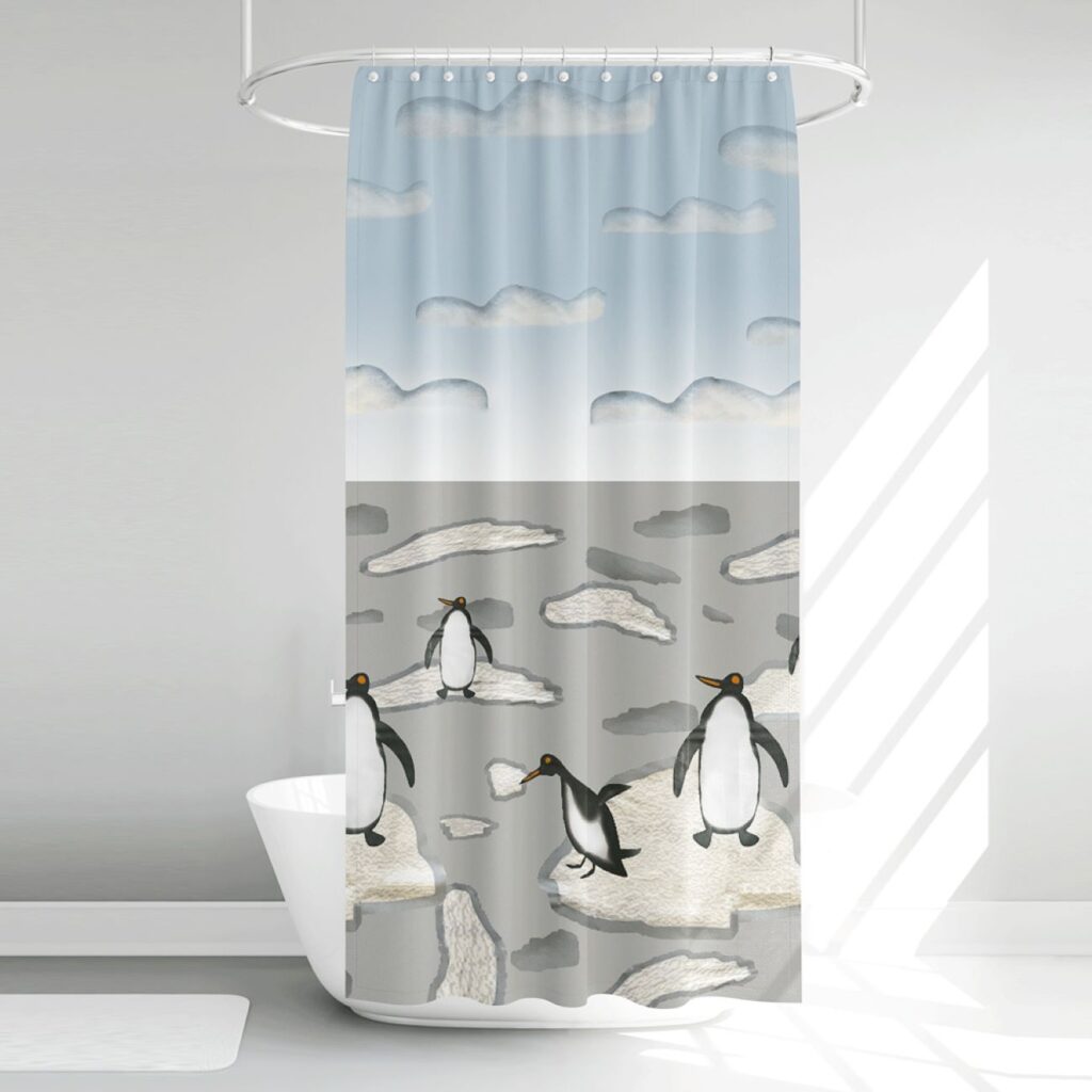 Shower Curtain for Bathroom Decor in Penguins Standing on Ice Floes Design