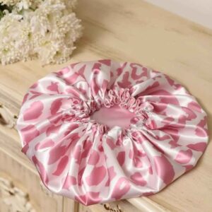 Bonnet de nuit en satin de soie de luxe pour femmes avec design léopard rose