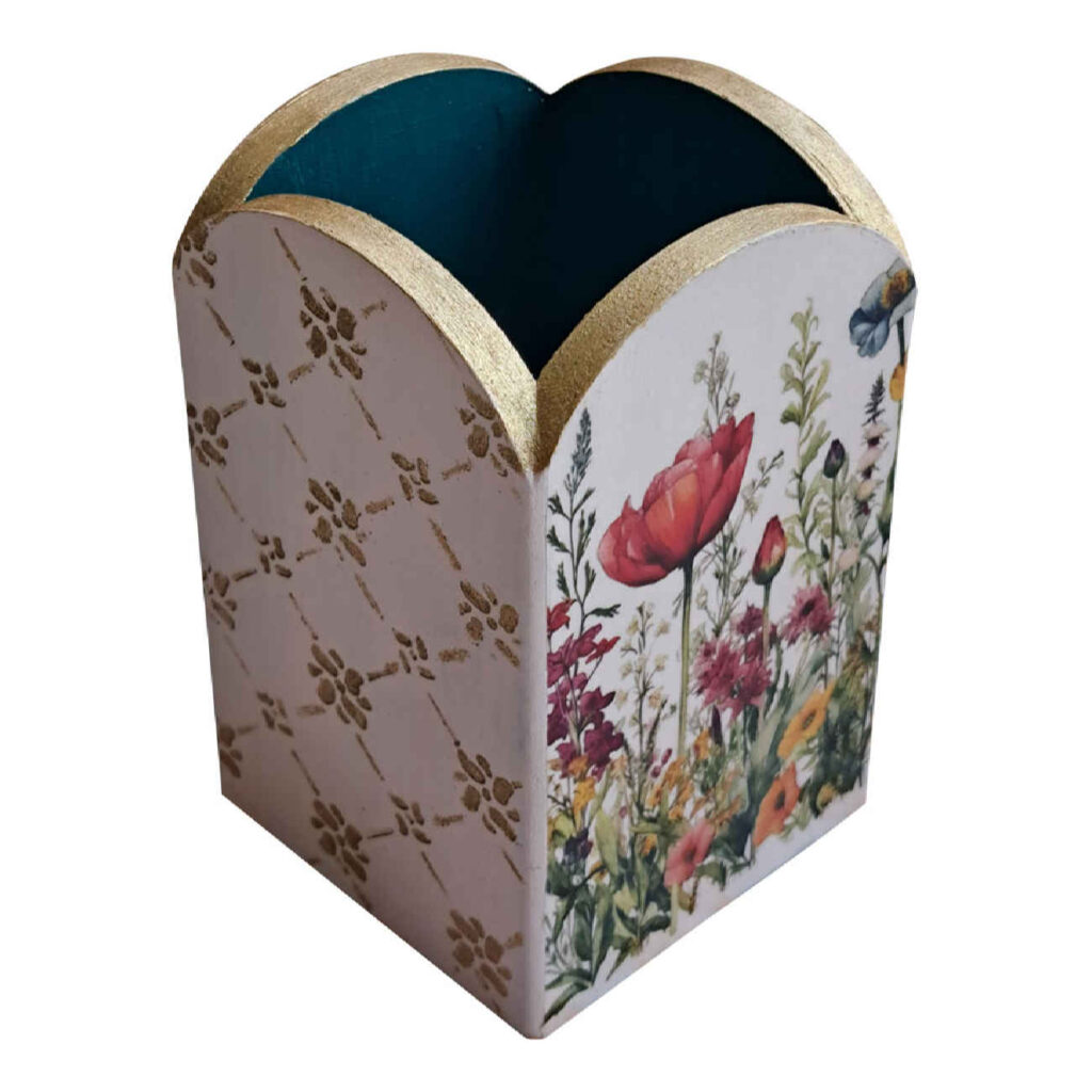 Porte-pinceaux de maquillage en bois fait main avec design floral