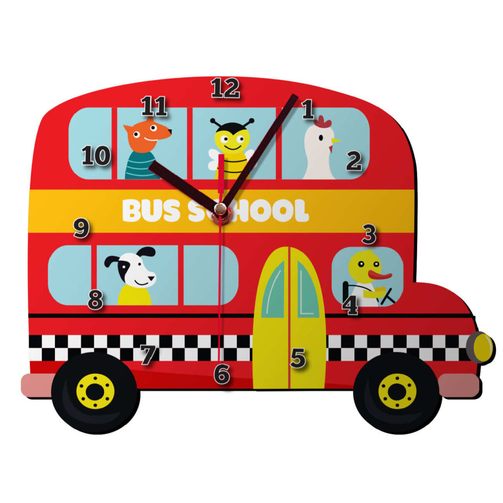 Horloge Murale en Bois pour Chambre d'Enfant avec Design de Bus Scolaire des Animaux
