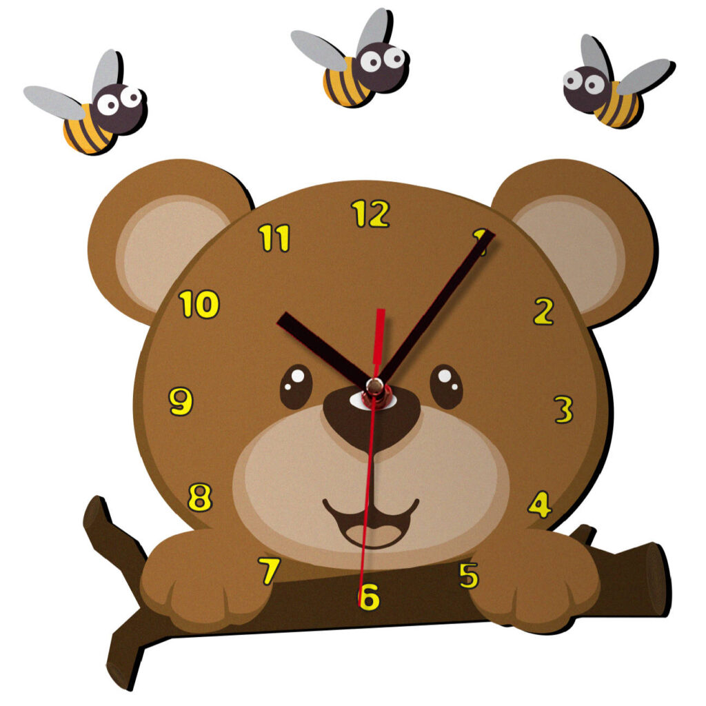 Horloge Murale en Bois pour Chambre d'Enfant avec Design de Bear Care