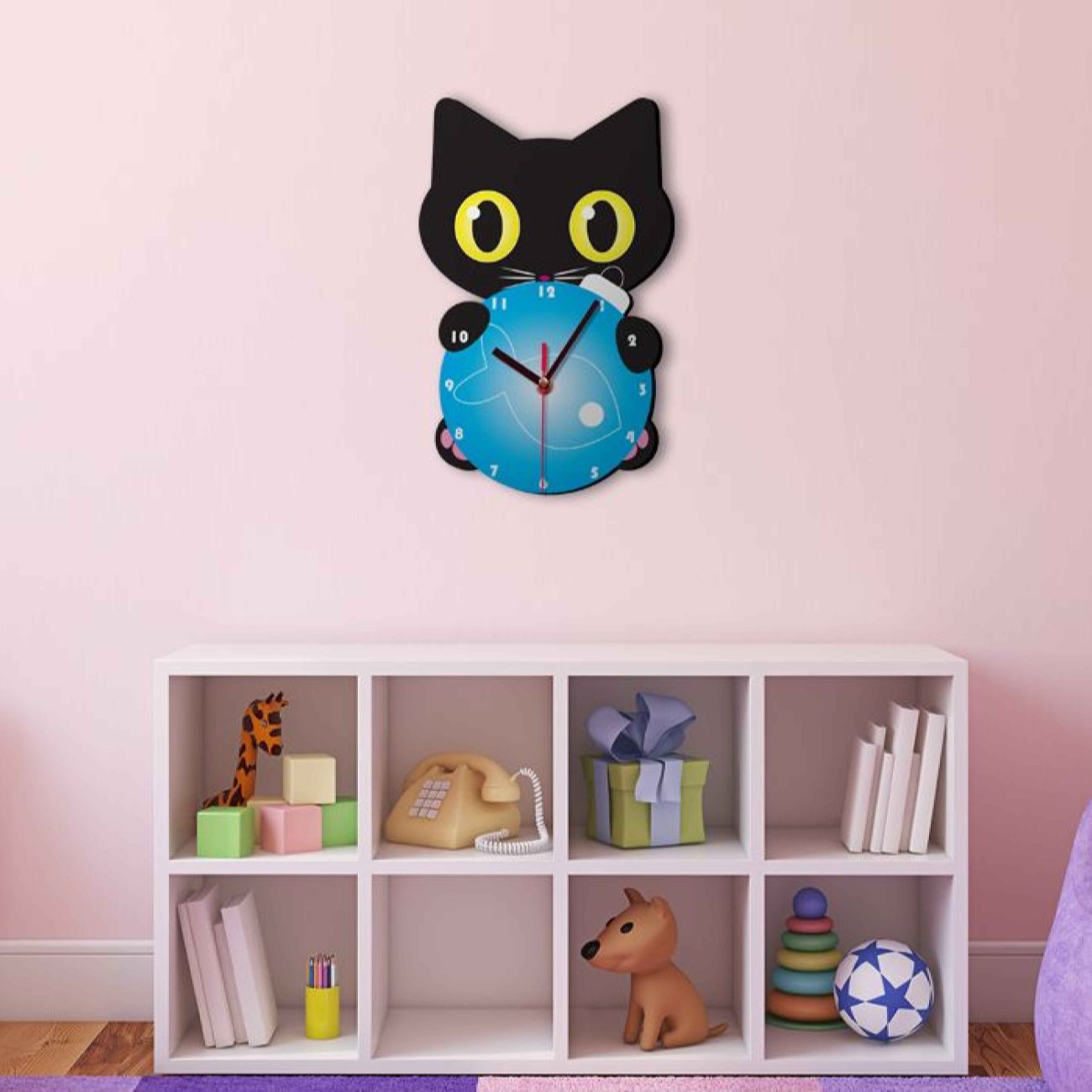 Horloge Murale en Bois pour Chambre d’Enfant avec Design de Chat Noir Mignon