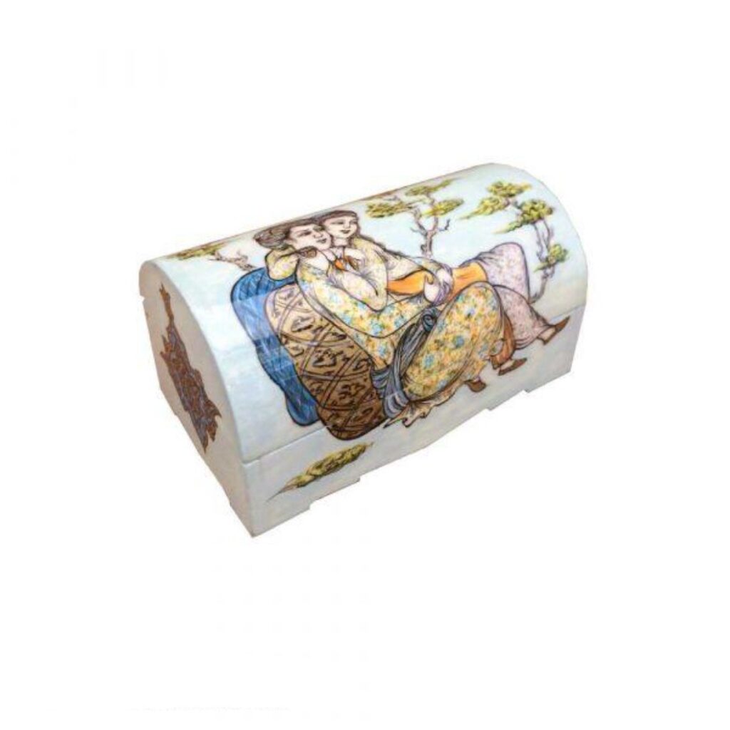 Boîte à bijoux en os artisanale avec motif Leyli & Majnun d'inspiration persane