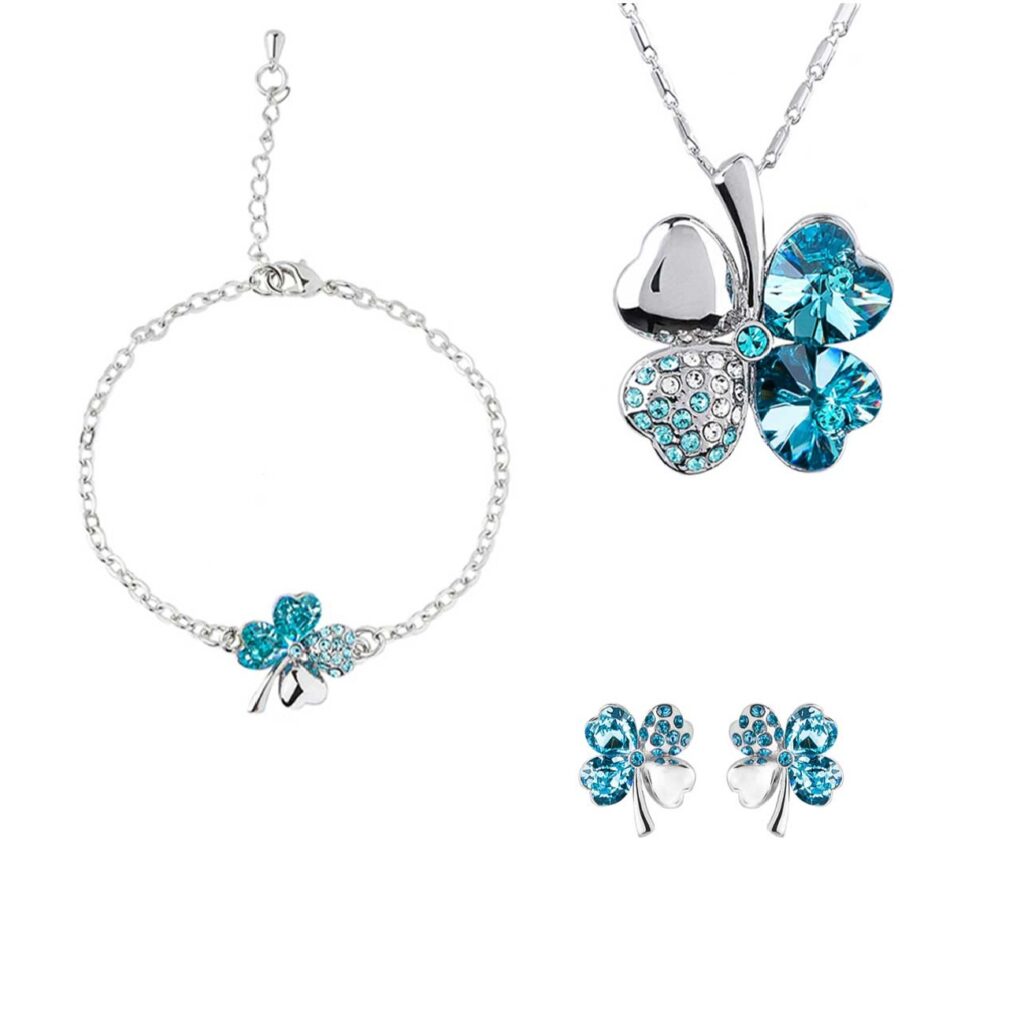 Ensemble de bijoux en laiton Trèfle à Quatre Feuilles - Collier, Bracelet, Boucles d'Oreilles pour Femmes