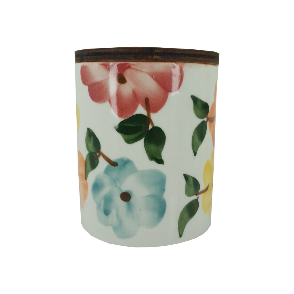 Bocal en céramique pour la cuisine avec design floral et couvercle en bois