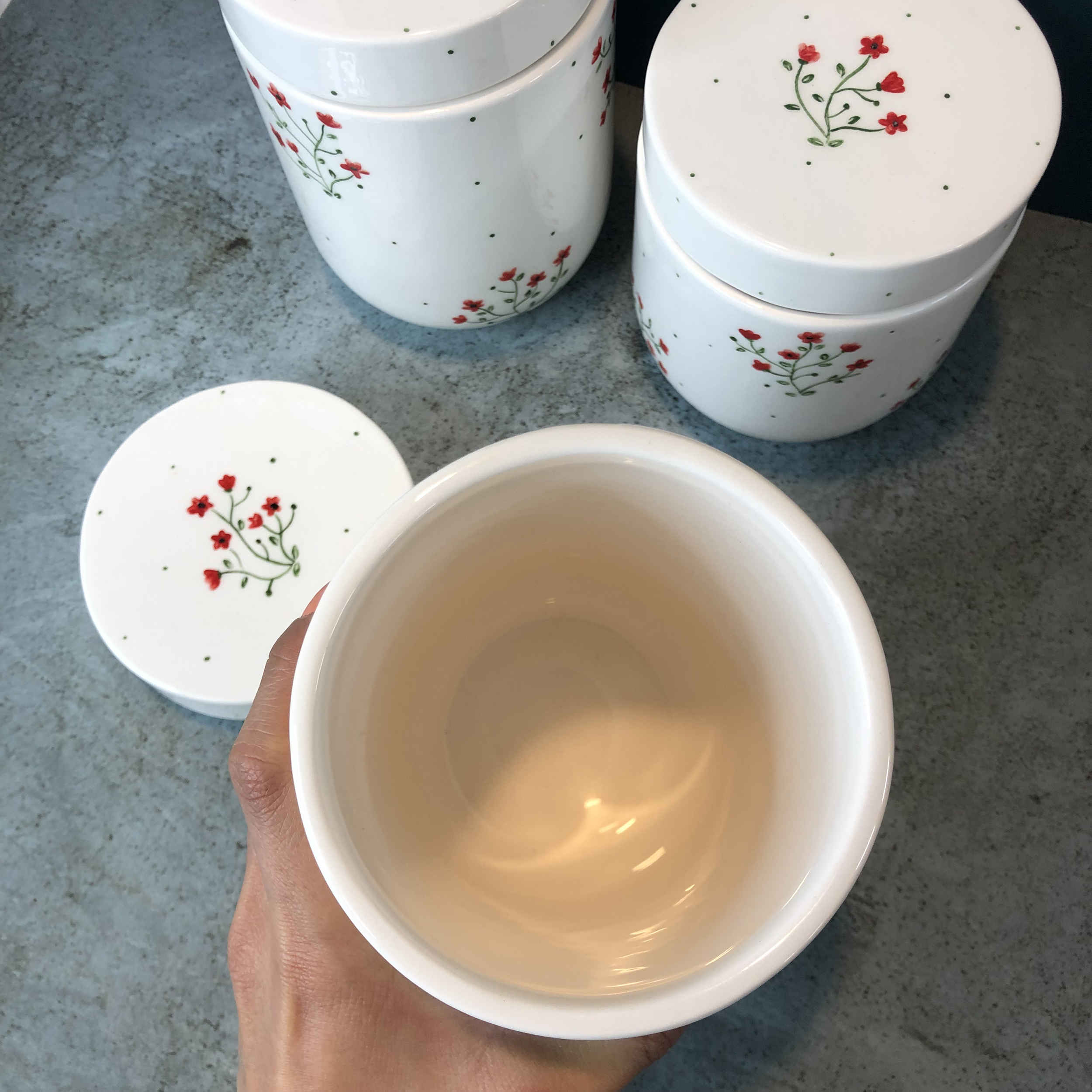 Bocal en céramique avec design de fleurs, Ensemble de 3