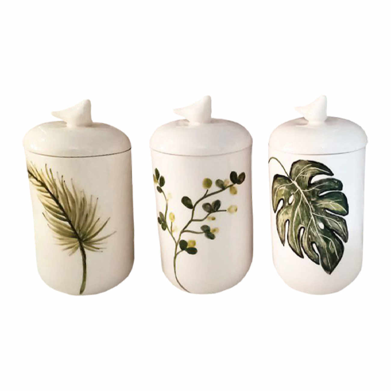 Bocal en céramique avec peinture à la main, design de feuilles, Ensemble de 3