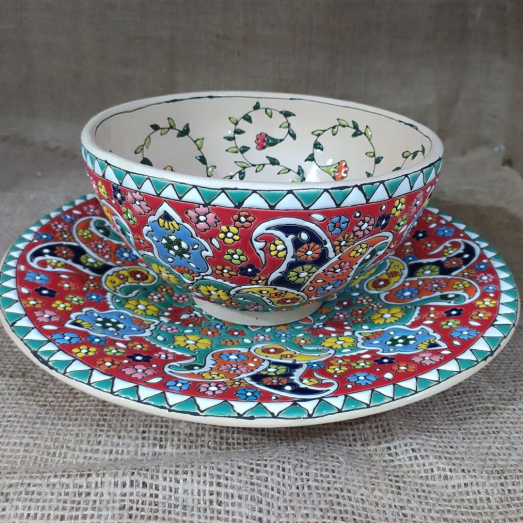 Ensemble de bol et assiette en céramique Minakari persane émaillé fait main modèle Mona