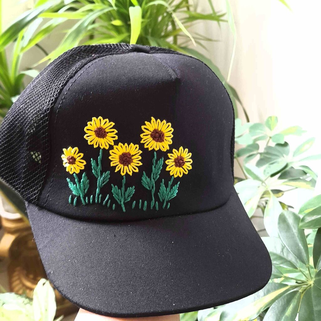 Casquette de baseball pour femme brodée à la main avec motif tournesol