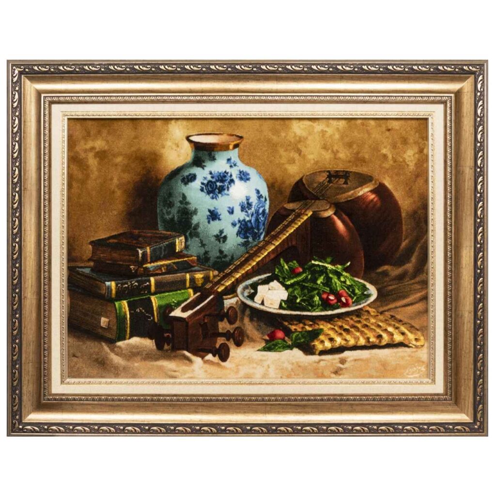 Tapis persan figuratif en soie noué à la main de Tabriz représentant un târ persan et des livres