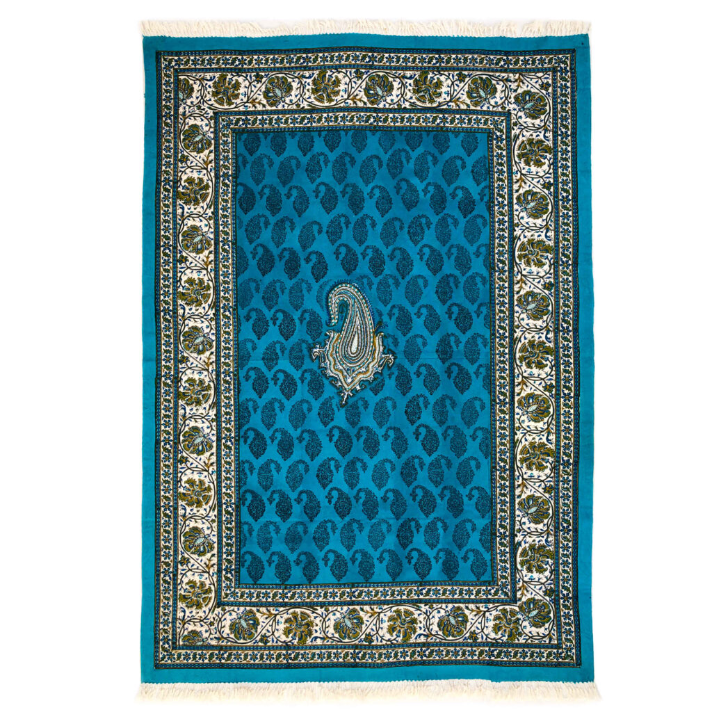 Nappe Persane Imprimée en Bloc Ghalamkari à Isfahan Paisley Bleue 4 Places