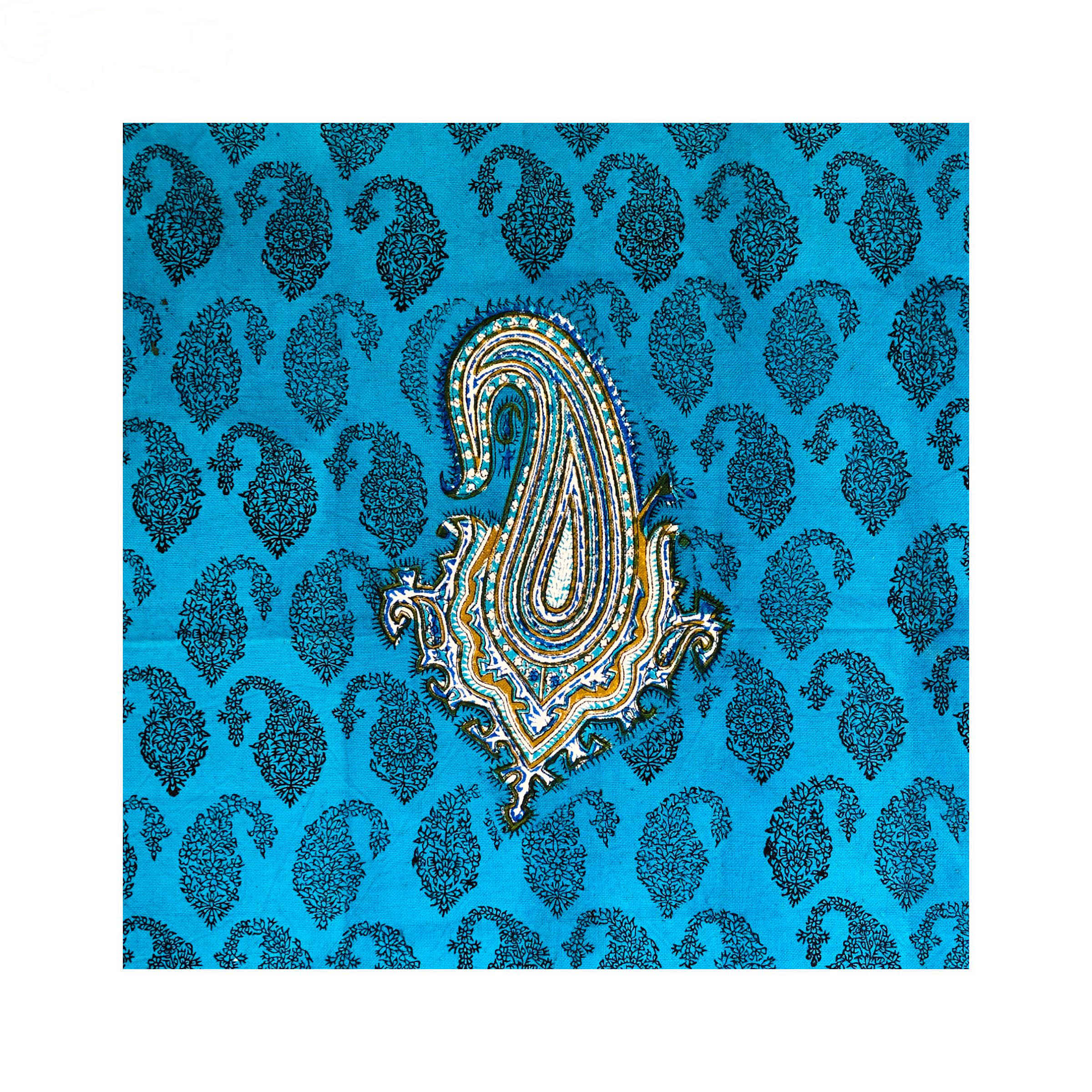 Nappe Persane Imprimée en Bloc Ghalamkari à Isfahan Paisley Bleue 4 Places