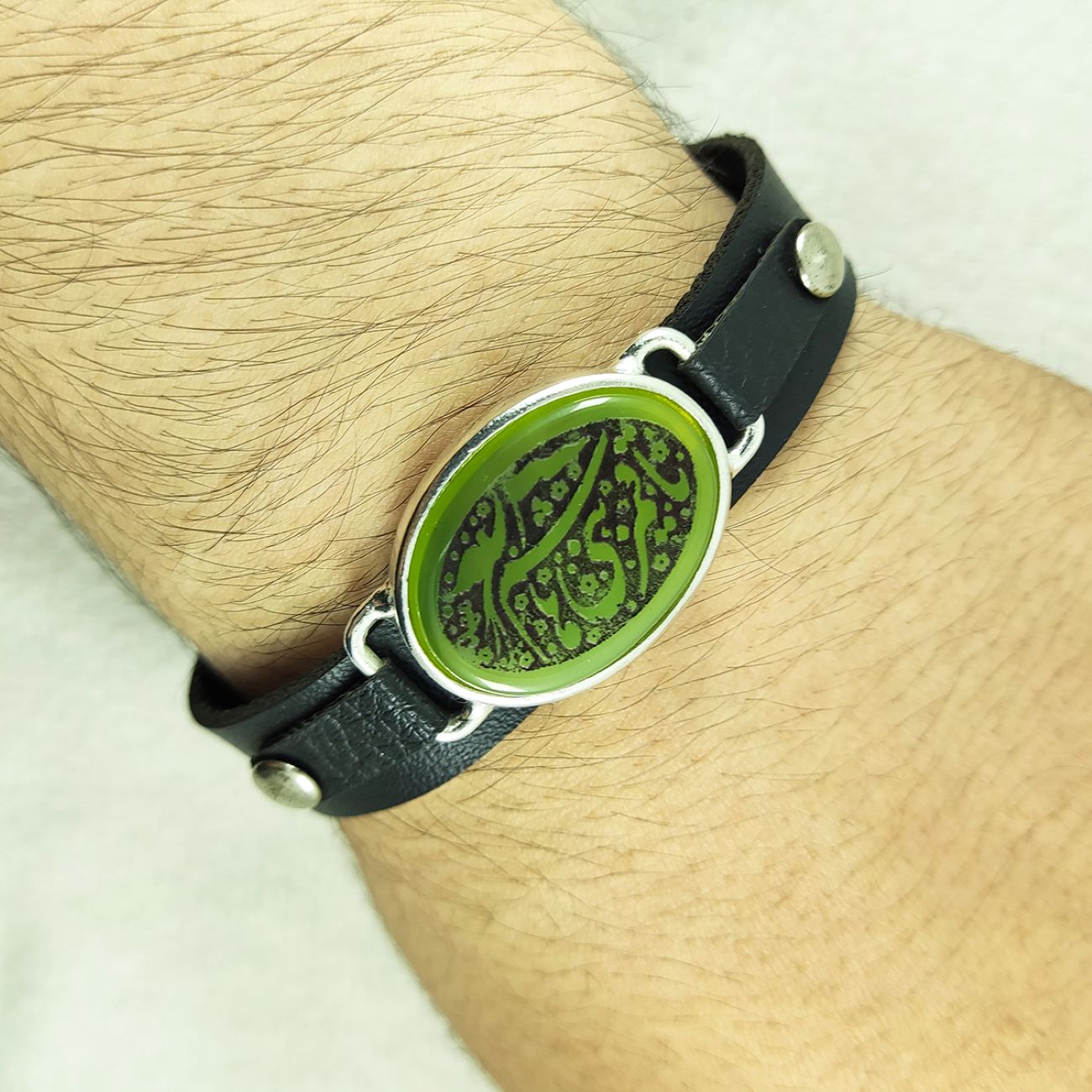 Bracelet islamique avec cuir et pierre agate pour homme