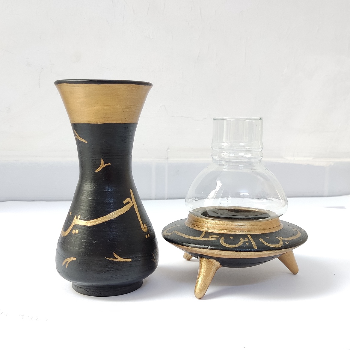 Ensemble de 2 bougeoirs de table en poterie islamique avec motif Ya Hossein