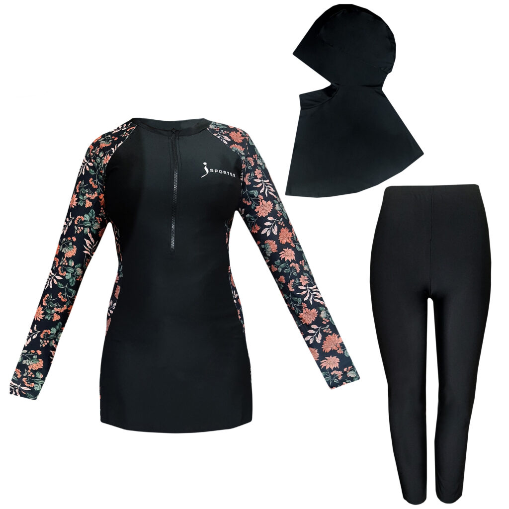 Set Maillot de Bain Modeste Islamique pour Femmes Set de 3 avec Manches Fleuries
