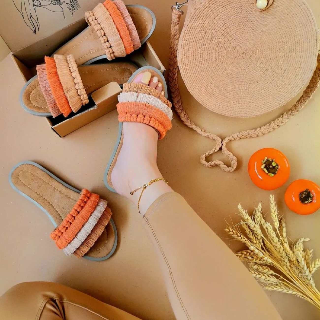 Pantoufles Macramé Boho Chic Plates pour Femmes Modèle Automne