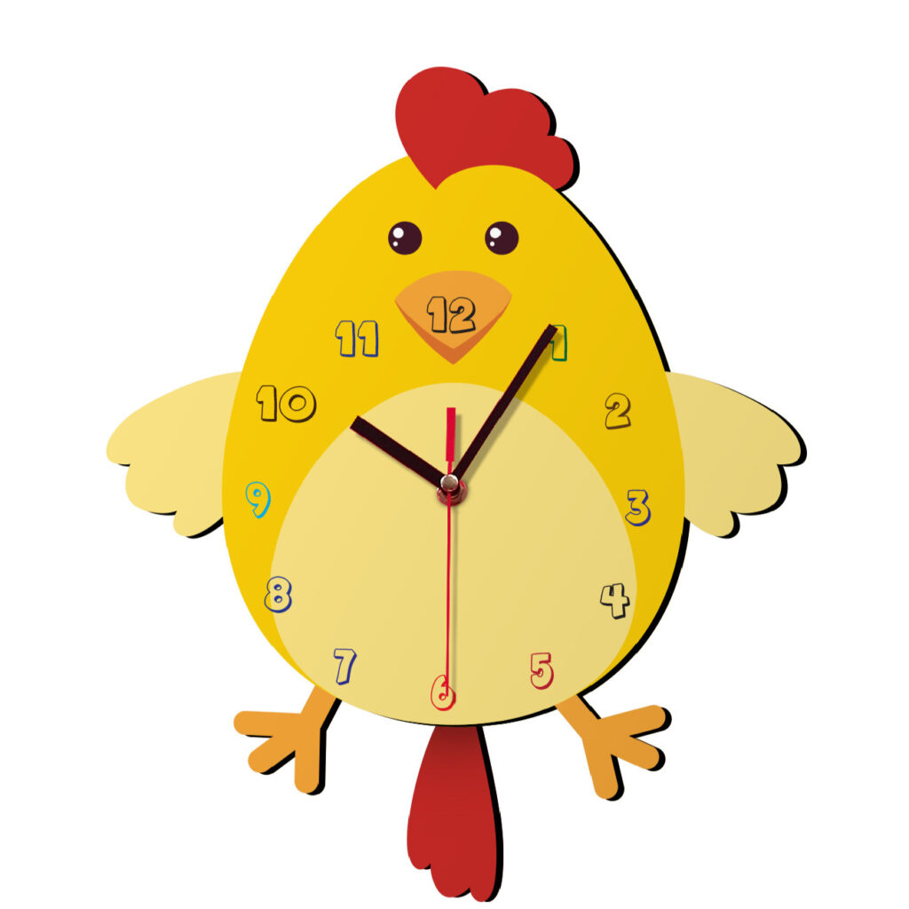 Horloge Murale en Bois Non Tictac pour Chambre d'Enfant avec Design de Petit Poulet