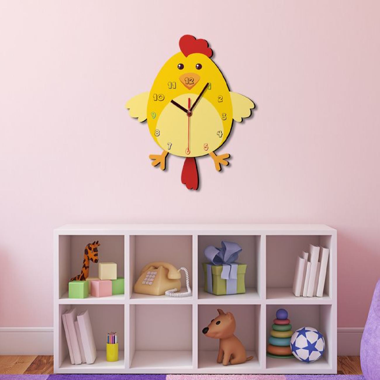 Horloge Murale en Bois Non Tictac pour Chambre d’Enfant avec Design de Petit Poulet
