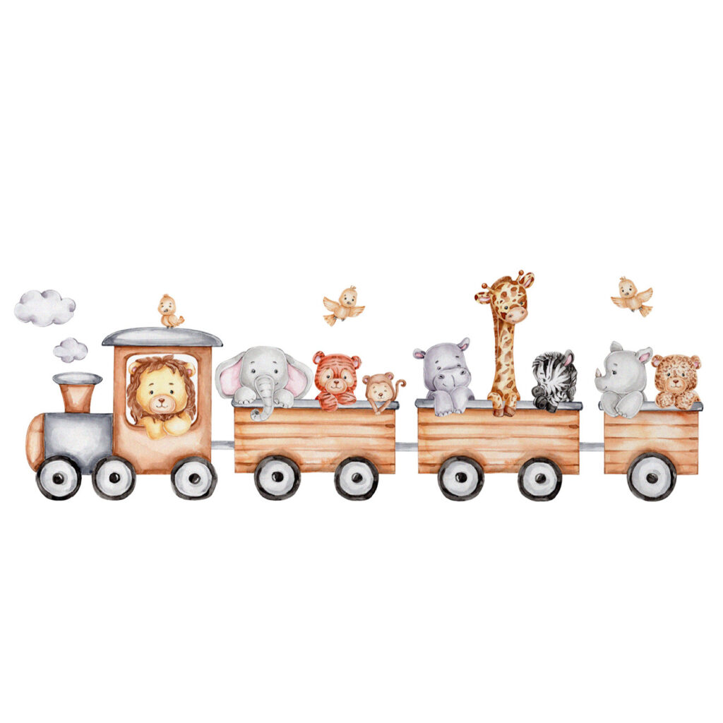 Autocollant mural pour chambre de bébé – Design train d’animaux