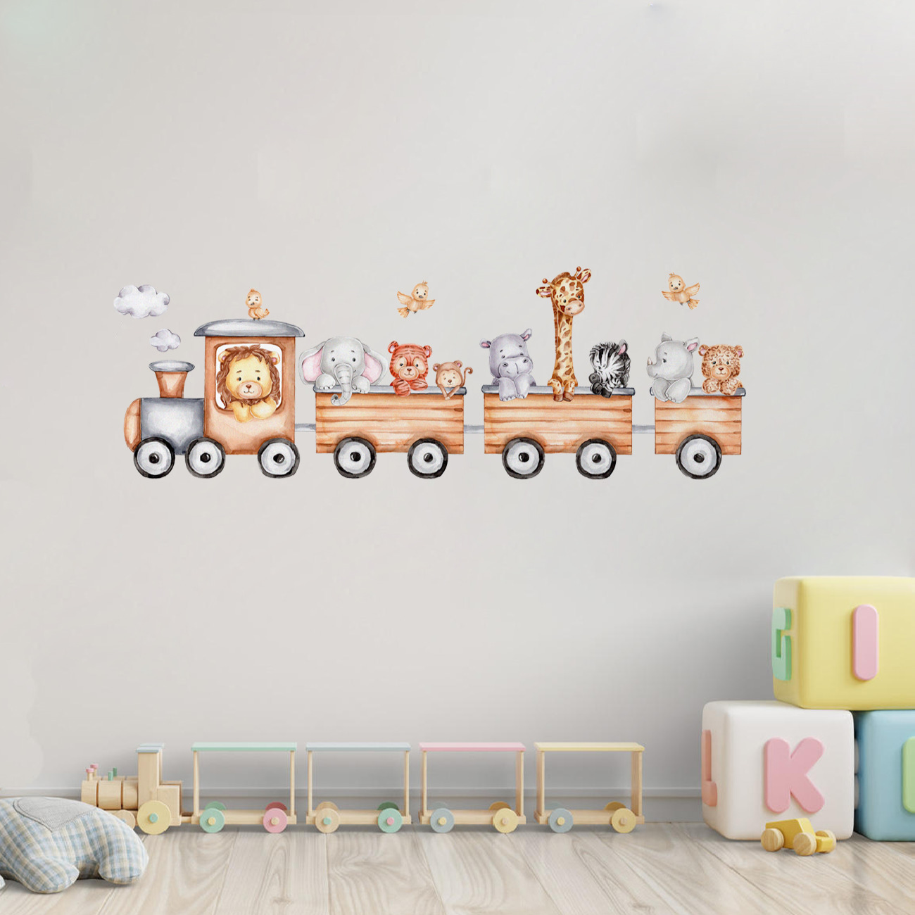 Autocollant mural pour chambre de bébé – Design train d’animaux