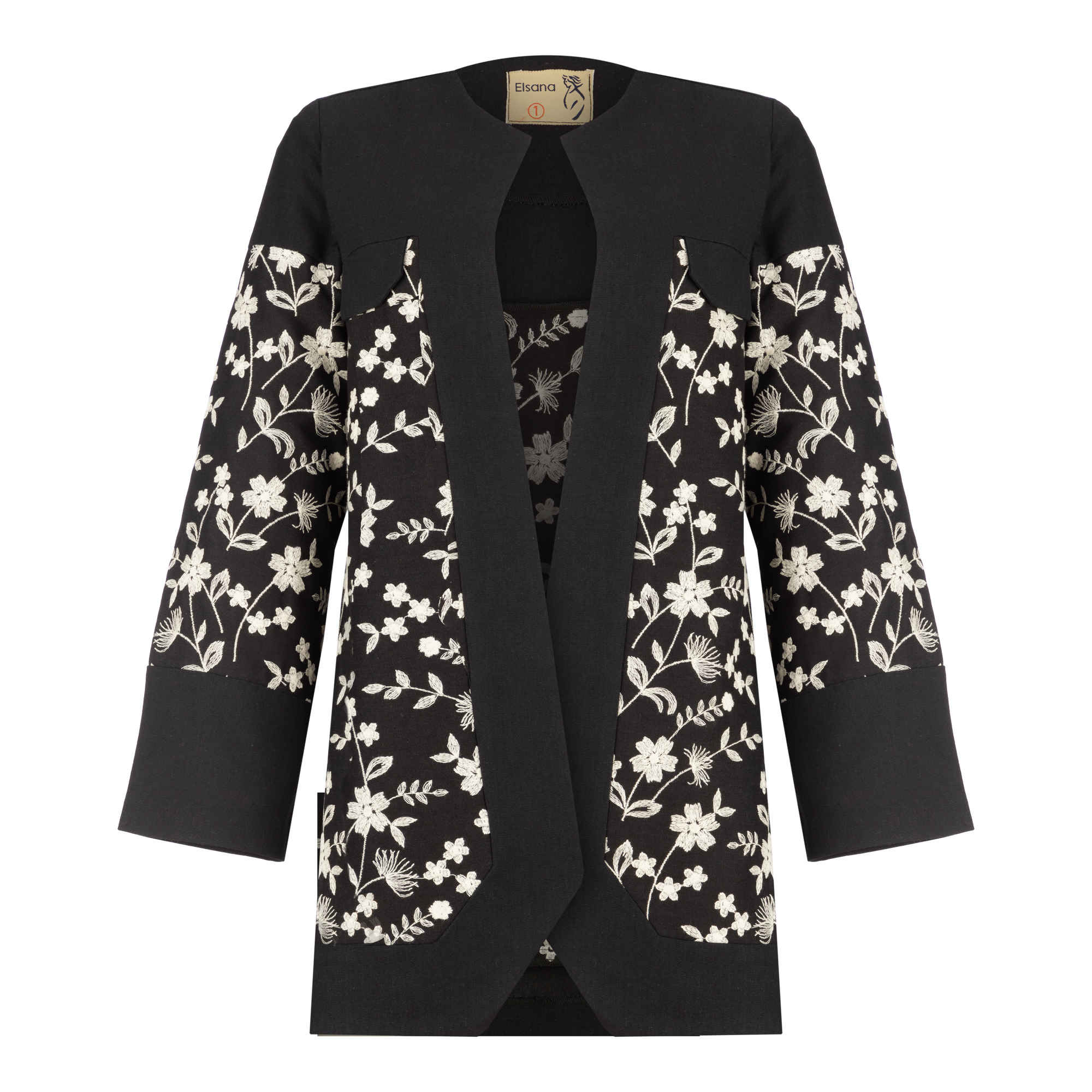 Manto persan brodé avec design floral pour femmes en noir