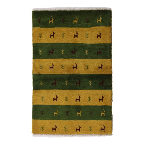 Tapis Gabbeh persan rayé authentique - Motifs animaux, Jaune, Laine