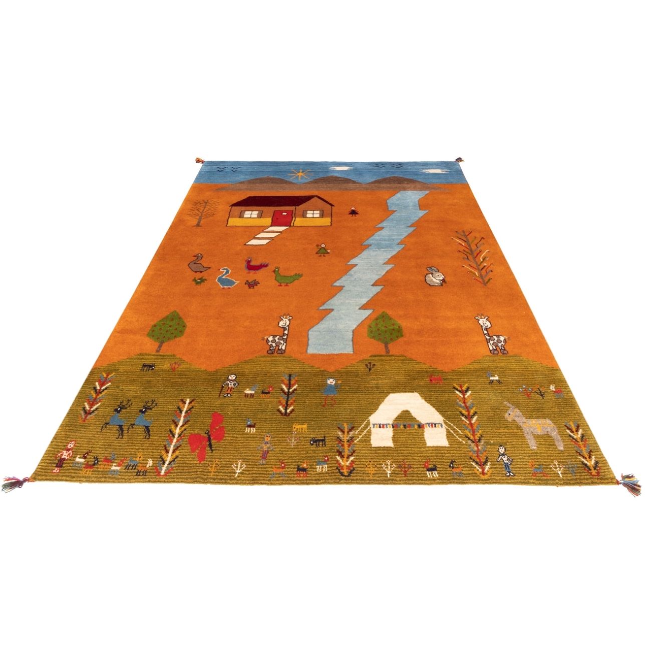 Tapis Gabbeh Persan en laine authentique tissé à la main dans le Fars, vie rurale