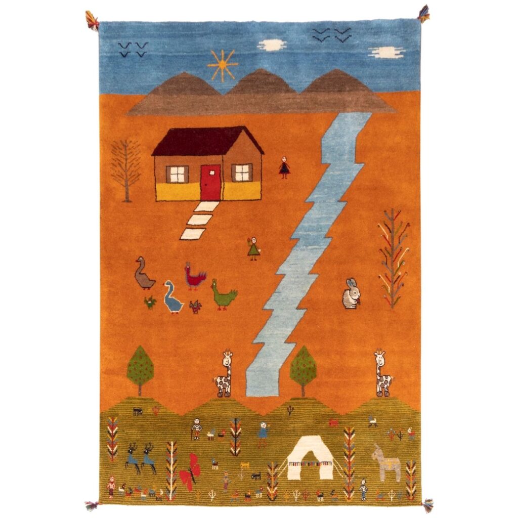 Tapis Gabbeh Persan en laine authentique tissé à la main dans le Fars, vie rurale