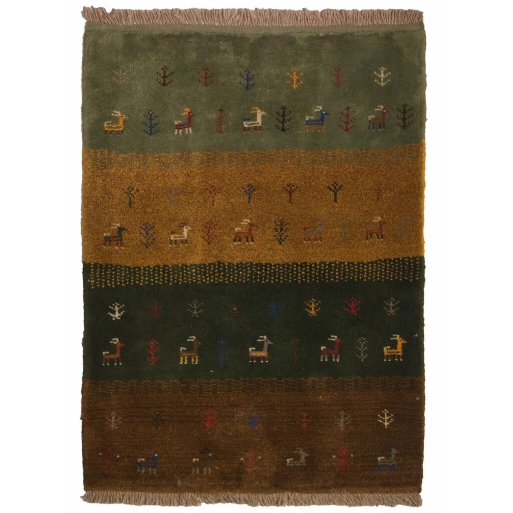 Tapis Gabbeh Persan en laine authentique tissé à la main dans le Fars, motifs animaliers et d'arbres
