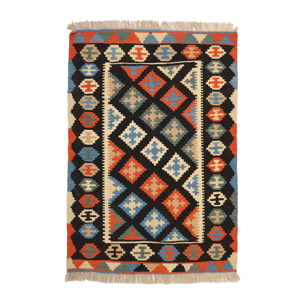 Tapis Kilim Persan en laine tissé à la main dans le Fars, géométrique Qashqai