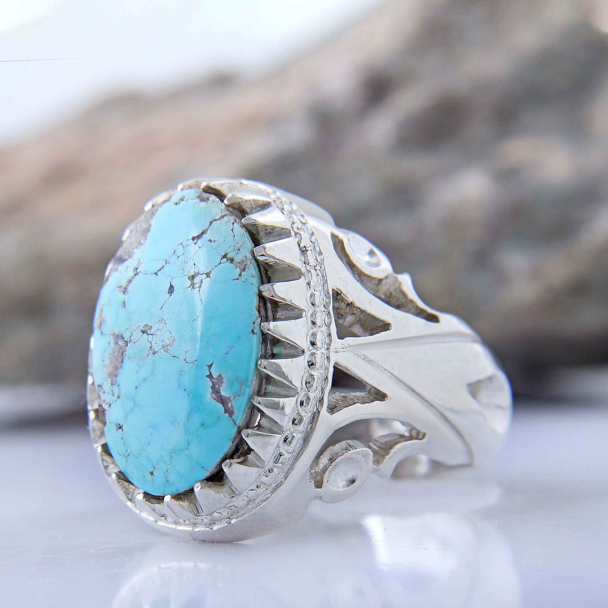 Bague Modèle Œil en Argent Persan avec Turquoise de Neyshabur pour Homme