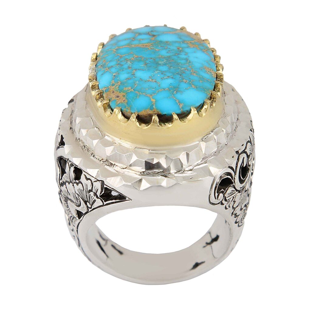 Bague Modèle Roi en Argent Persan avec Turquoise de Neyshabur pour Homme