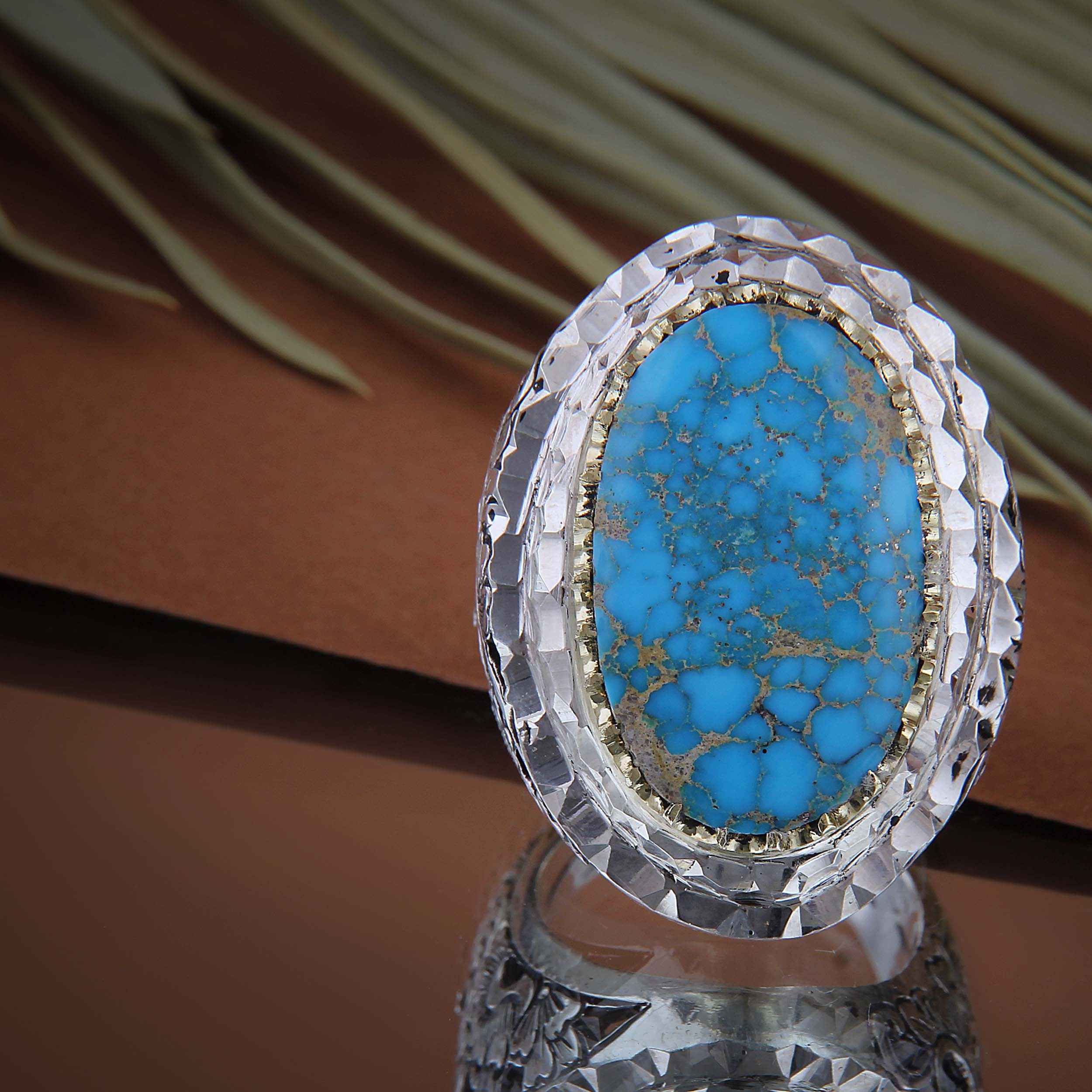 Bague Modèle Roi en Argent Persan avec Turquoise de Neyshabur pour Homme
