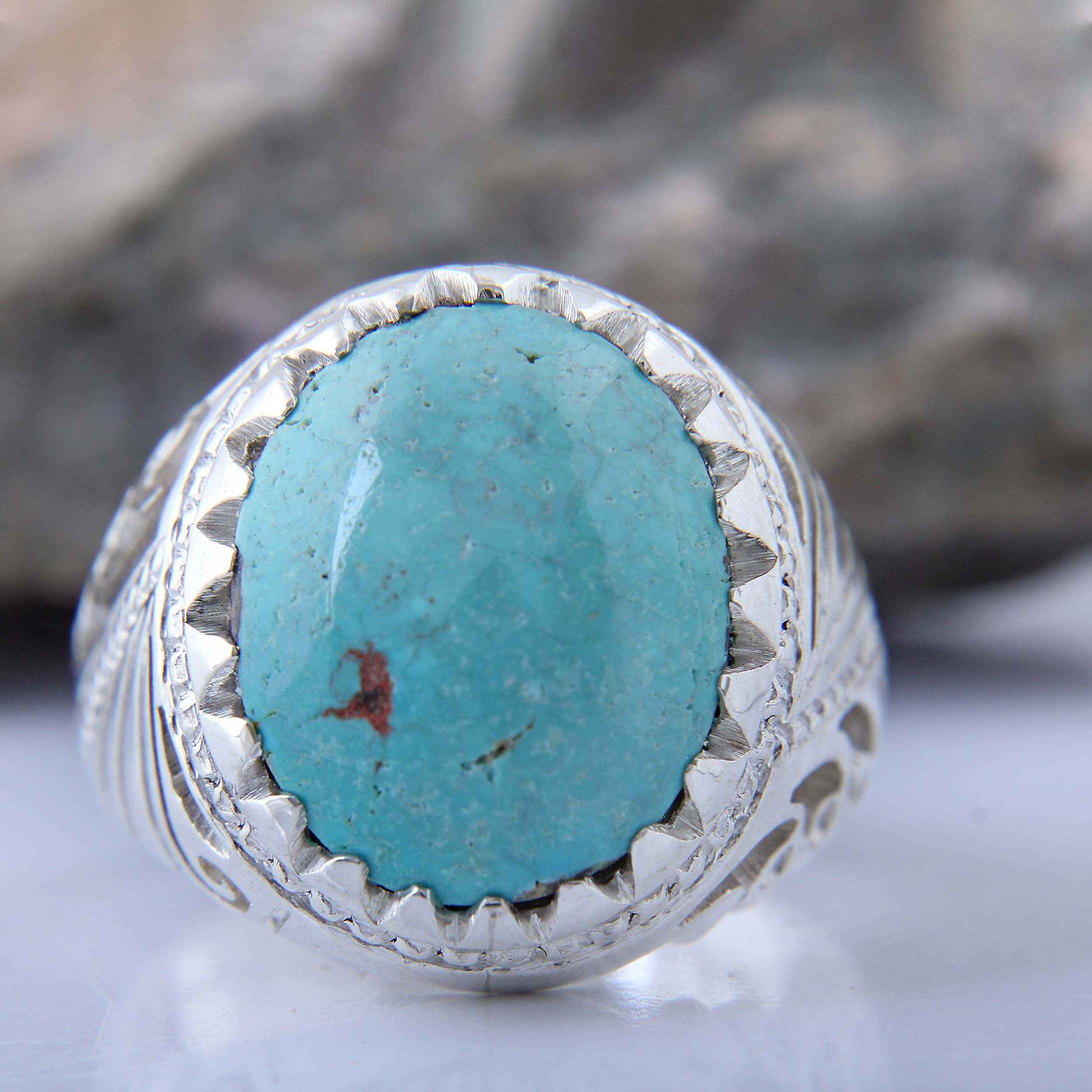 Bague Modèle Miladi en Argent Persan avec Turquoise de Neyshabur pour Homme
