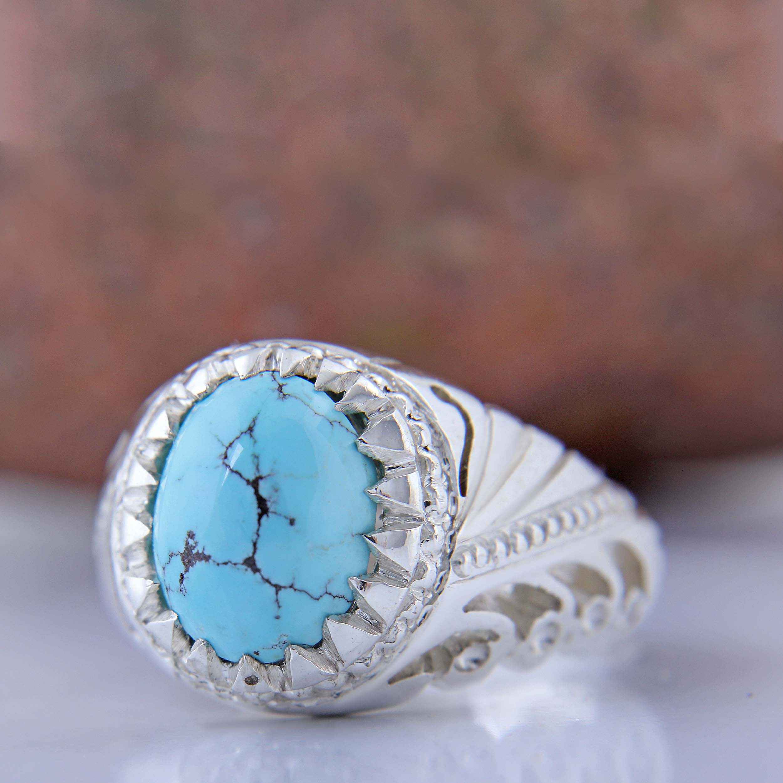 Bague Modèle Montagne en Argent Persan avec Turquoise de Neyshabur pour Homme