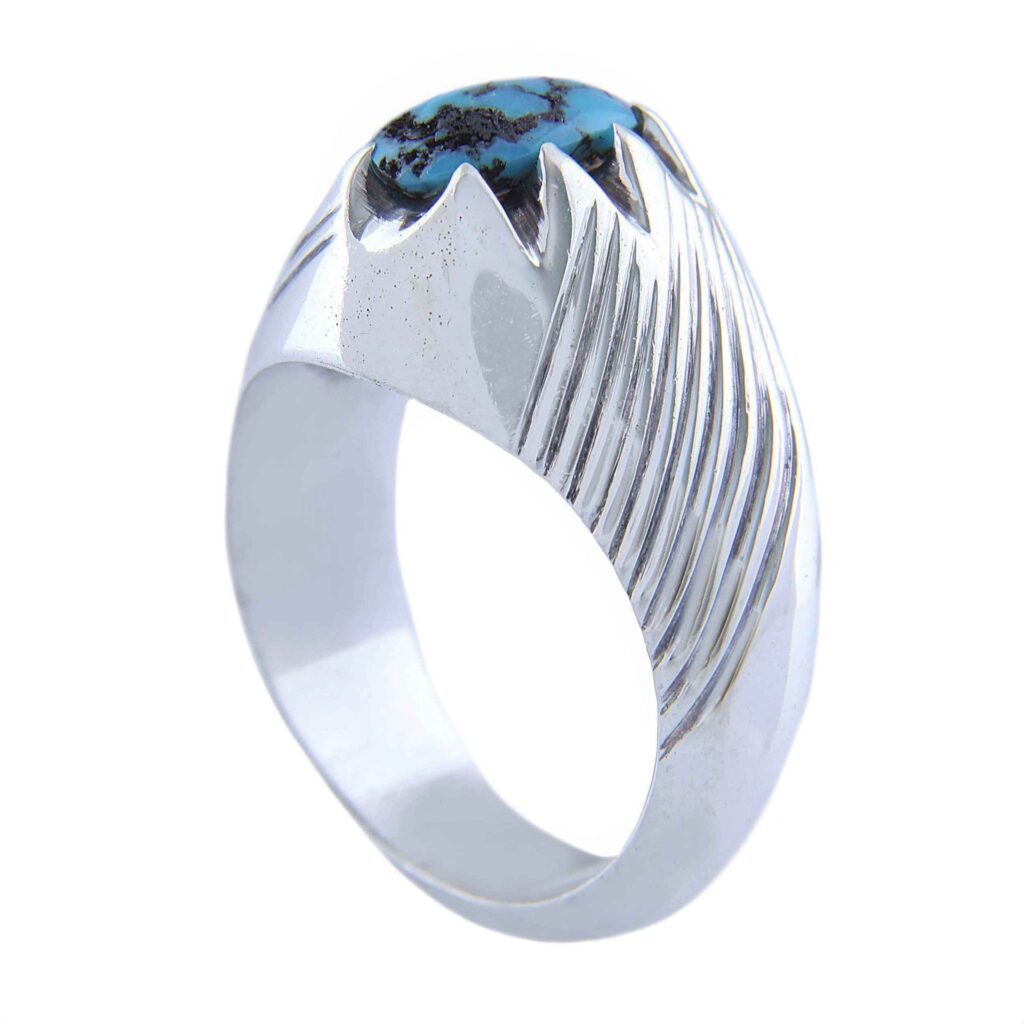 Bague Modèle Rayée en Argent Persan avec Turquoise de Neyshabur pour Homme