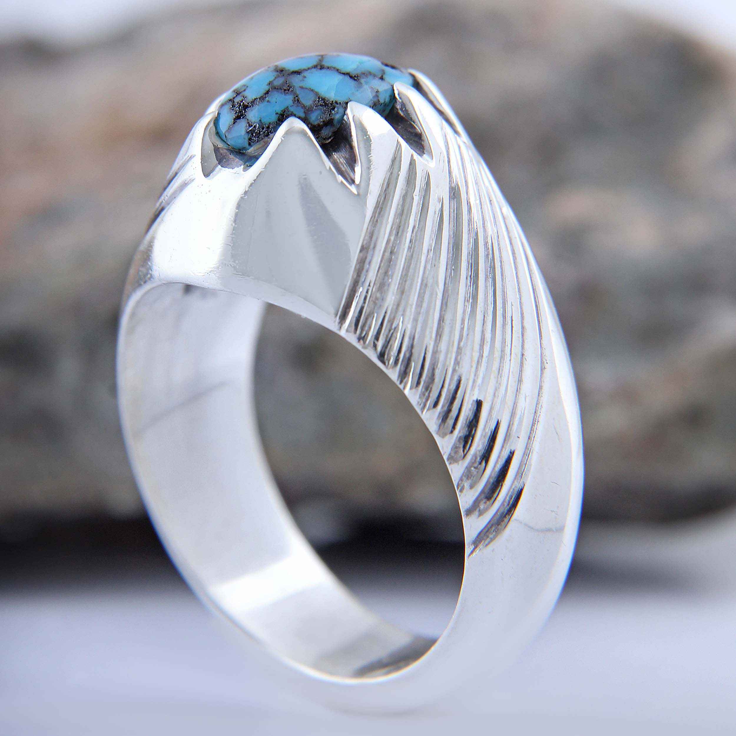 Bague Modèle Rayée en Argent Persan avec Turquoise de Neyshabur pour Homme