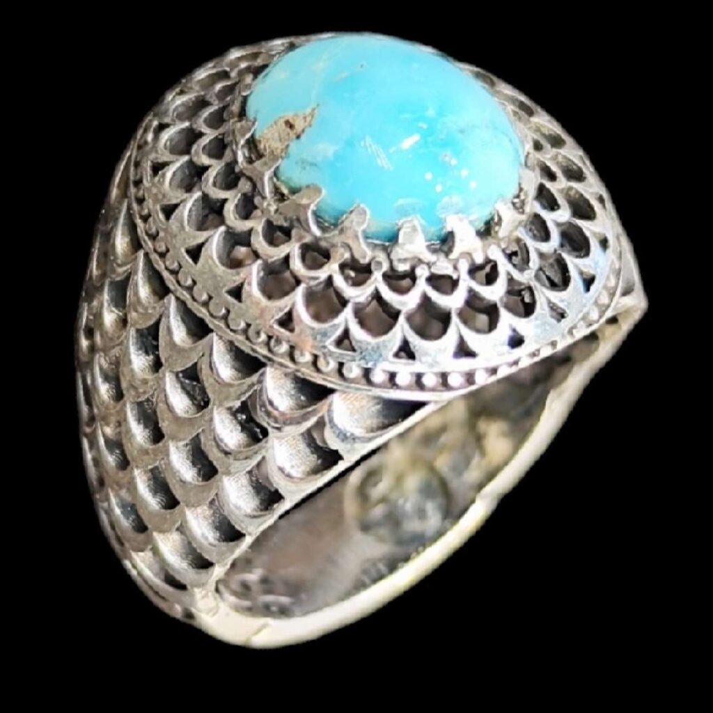 Bague Modèle Soleil en Argent Persan avec Turquoise de Neyshabur pour Homme