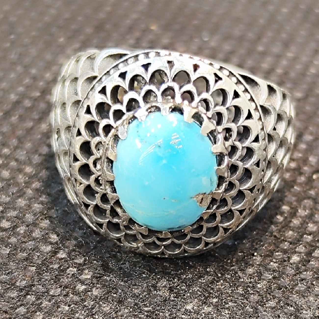 Bague Modèle Soleil en Argent Persan avec Turquoise de Neyshabur pour Homme