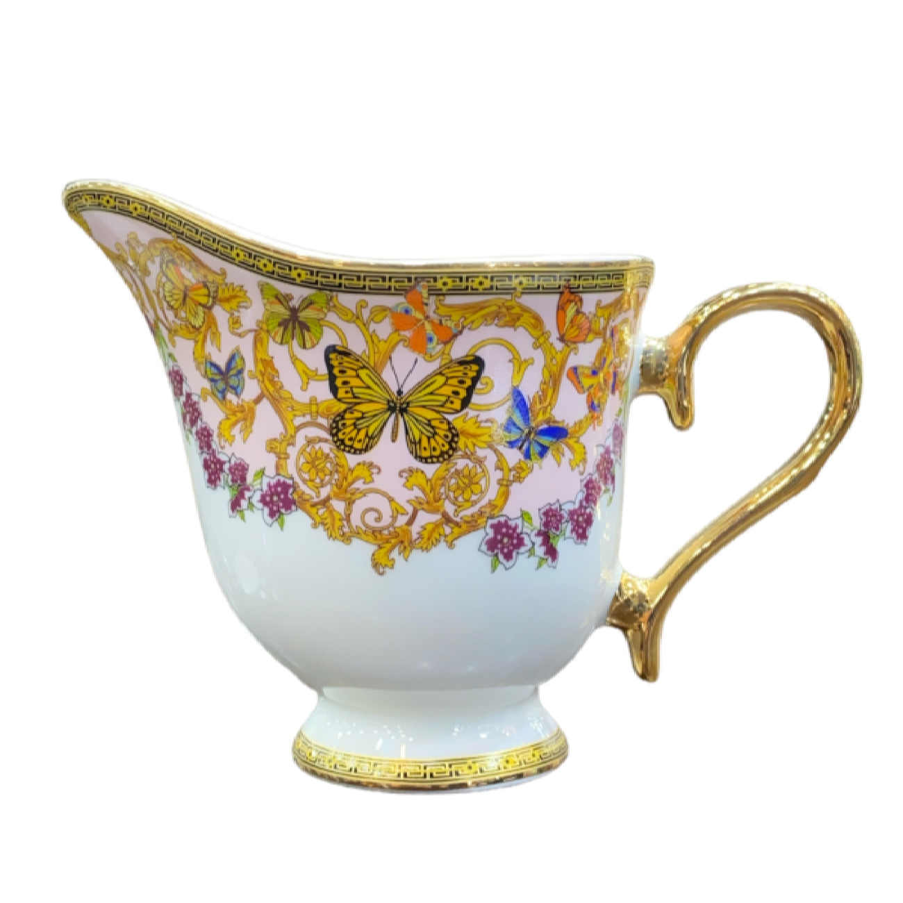 Service à thé en porcelaine victorienne avec motif papillon et floral, théière et soucoupe