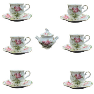 Service à thé en porcelaine victorienne avec motif floral, théière et soucoupe