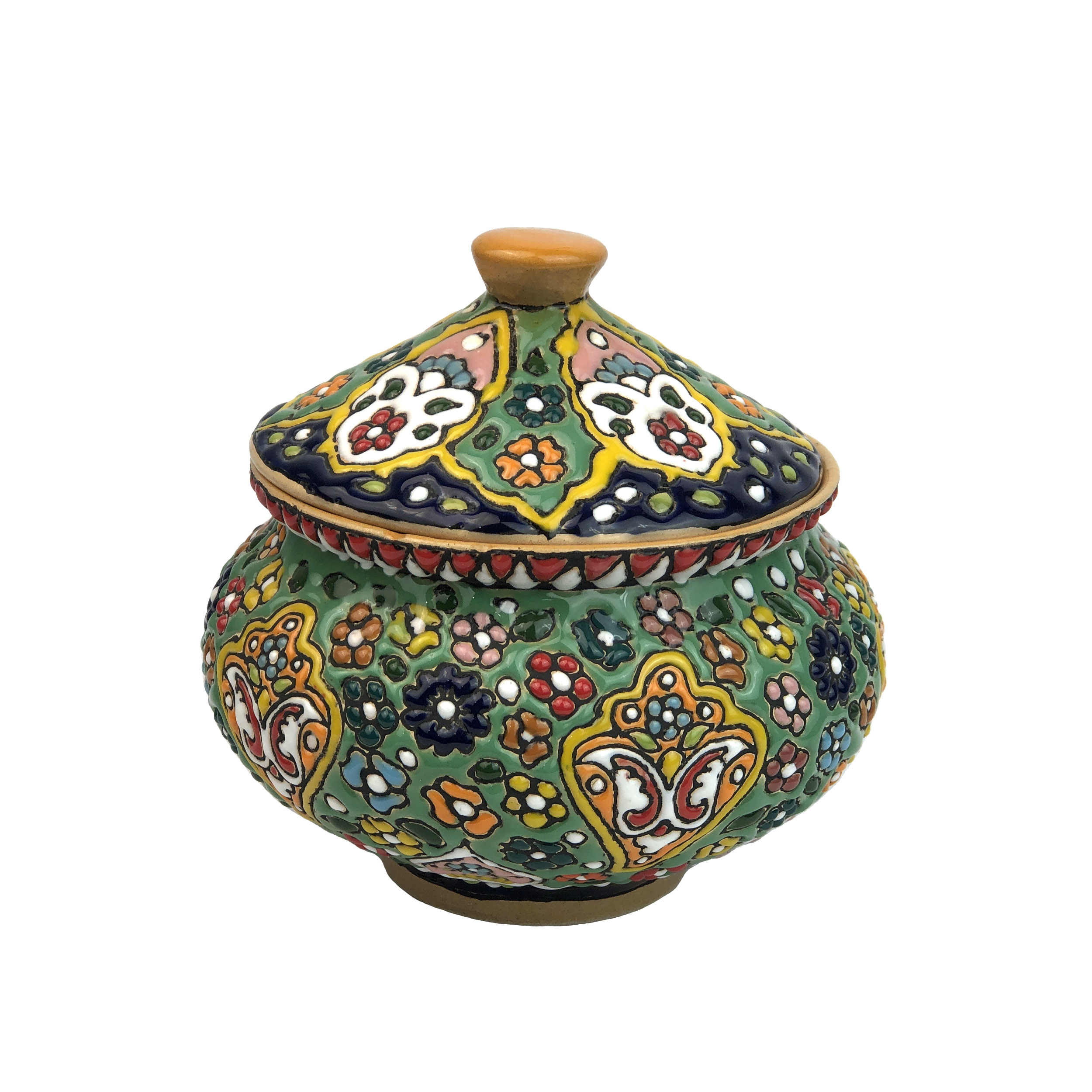 Sucrier en Poterie Persane Fait Main avec Couvercle - Minakari Émaillé avec Motif Floral